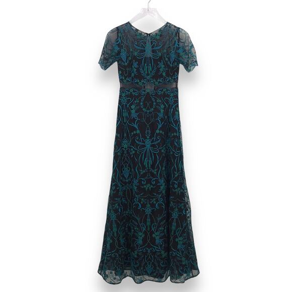 Marchesa Notte Teal Elizabeth Gown 0 Embroidered Crew Neck Short Sleeve Maxi - Picture 1 of 10